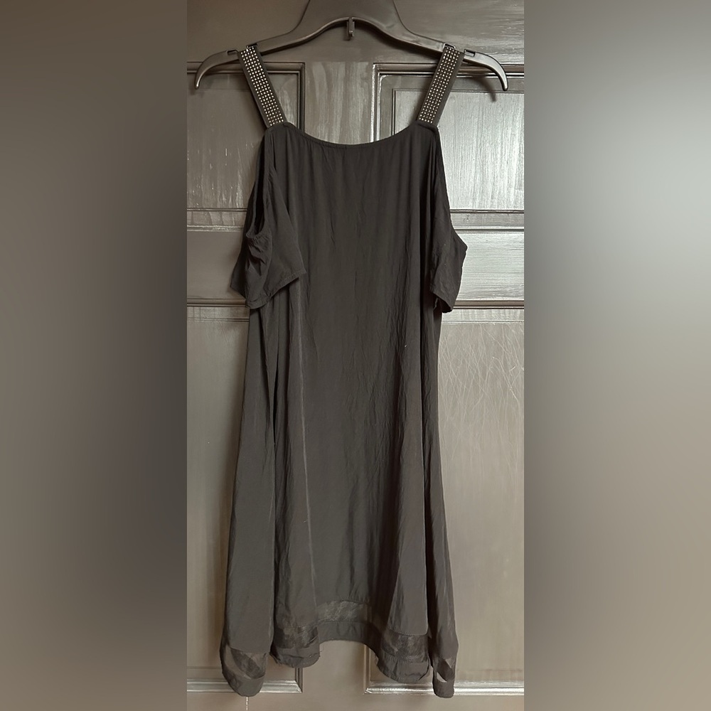 Cold Shoulder, Black Dress, Size M with Studded Stretchy Straps - Picture 3 of 9